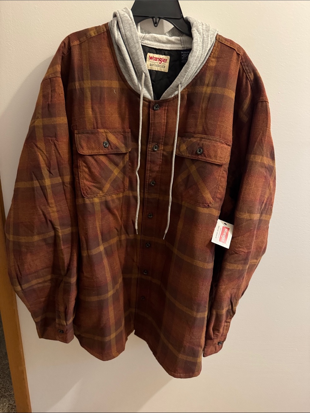 Wrangler Rust Plaid Hooded Flannel Shirt Jacket